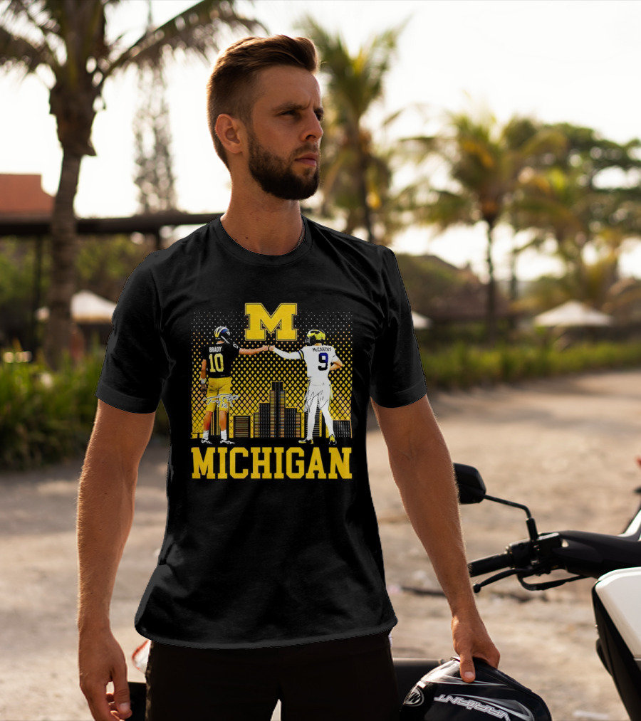 Michigan Wolverines Tom Brady Jj McCarthy Iconic Players Fist Bump Skyline T-Shirt