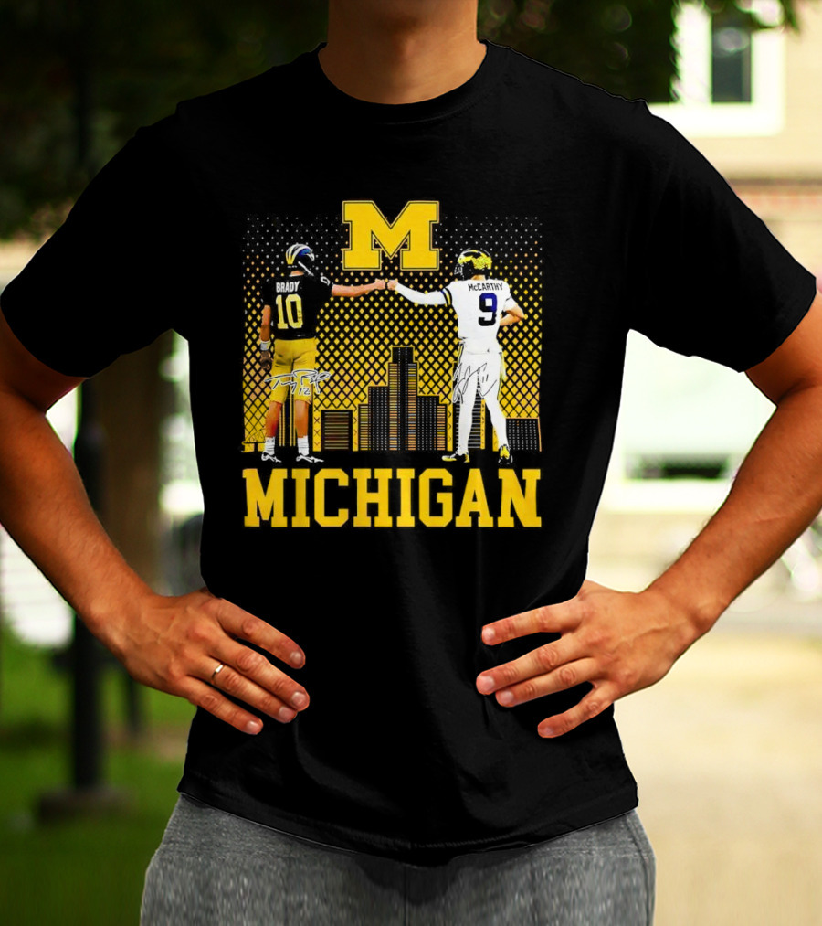 Michigan Wolverines Tom Brady Jj McCarthy Iconic Players Fist Bump Skyline T-Shirt