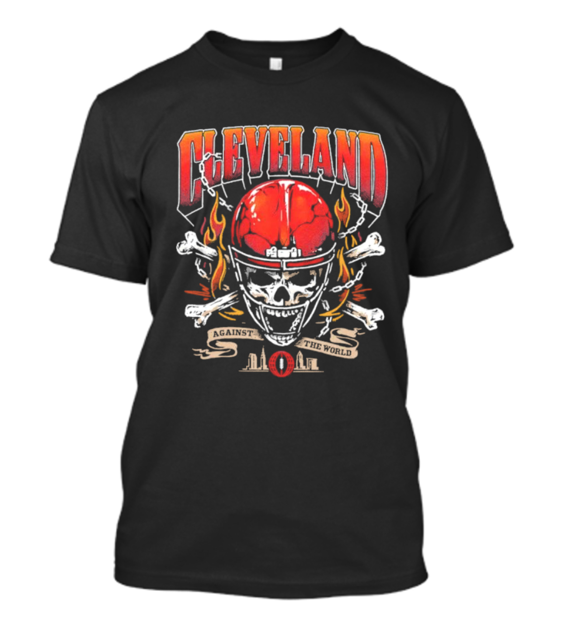 Cleveland Against The World Skull Helmet Flames Crossbones T-Shirt