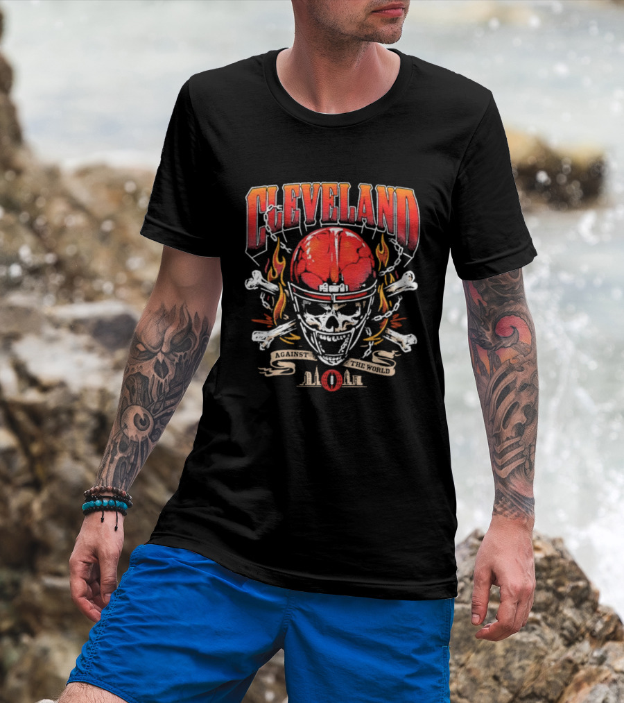 Cleveland Against The World Skull Helmet Flames Crossbones T-Shirt