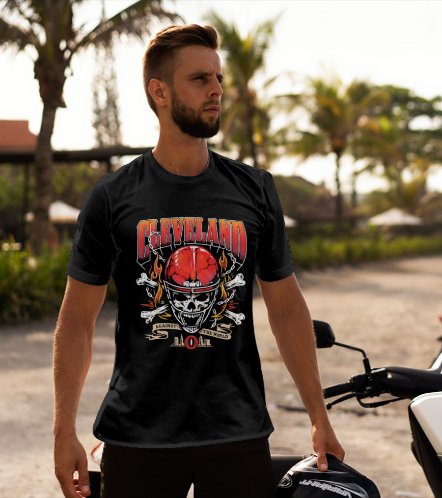 Cleveland Against The World Skull Helmet Flames Crossbones T-Shirt