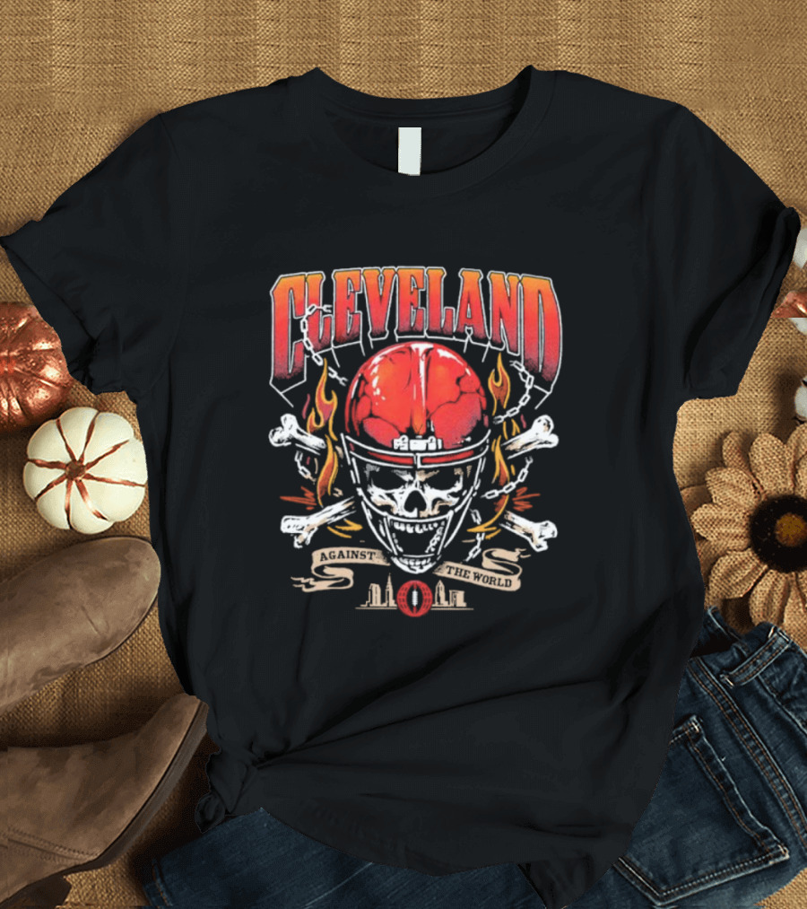 Cleveland Against The World Skull Helmet Flames Crossbones T-Shirt