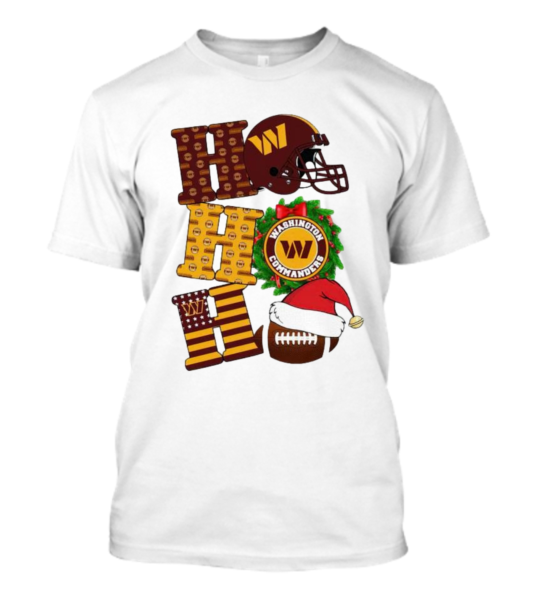 Washington Commanders Helmet Wreath Football Ho Ho Ho Merry Christmas T-Shirt