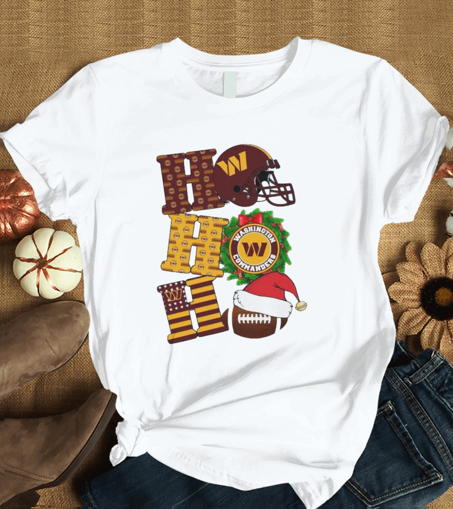 Washington Commanders Helmet Wreath Football Ho Ho Ho Merry Christmas T-Shirt