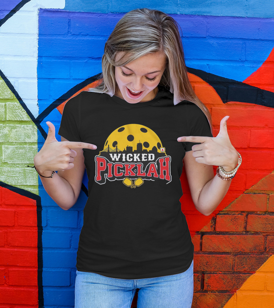 Wicked Picklah Boston Skyline Pickleball Paddle Bridge T-Shirt