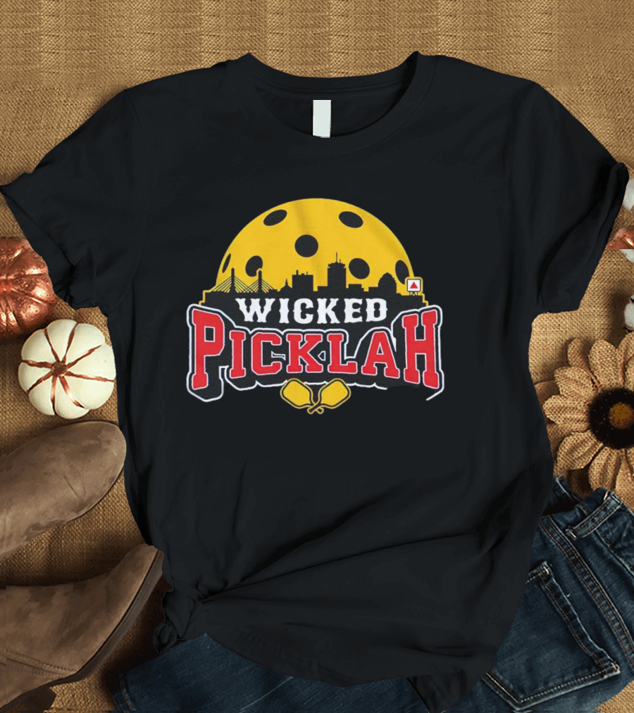 Wicked Picklah Boston Skyline Pickleball Paddle Bridge T-Shirt