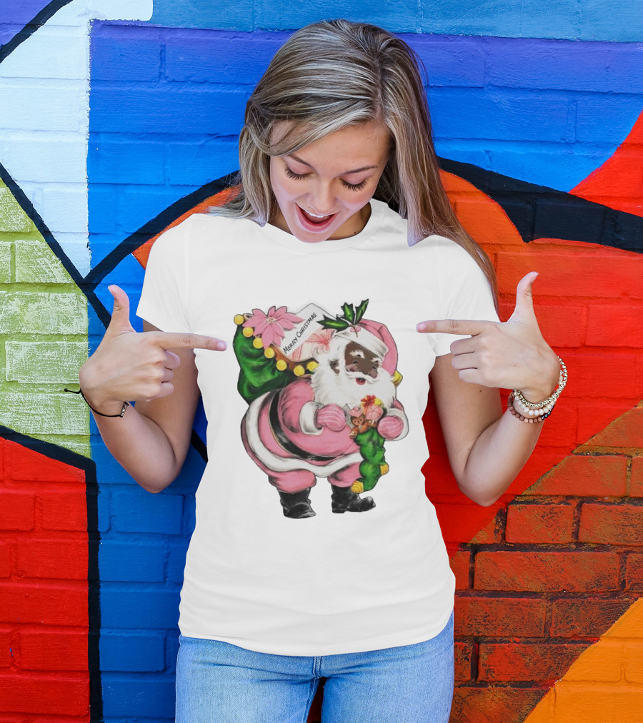 Merry Christmas Santa Claus Wear Pink Outfit With Sack And Toys T-Shirt