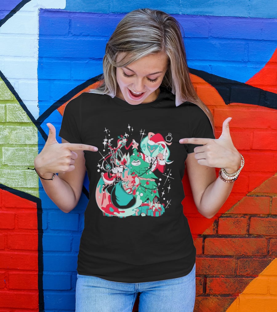 Shark Robot Sinful Holiday Christmas Hazbin Hotel Festive Tree And Characters T-Shirt