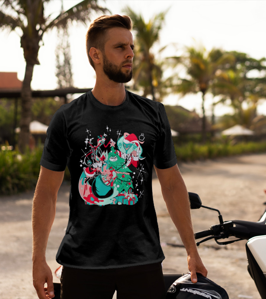 Shark Robot Sinful Holiday Christmas Hazbin Hotel Festive Tree And Characters T-Shirt