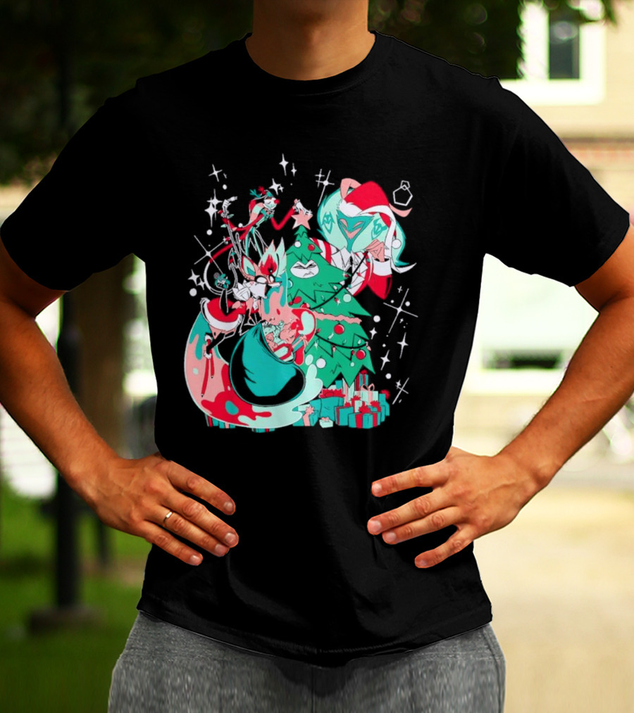 Shark Robot Sinful Holiday Christmas Hazbin Hotel Festive Tree And Characters T-Shirt