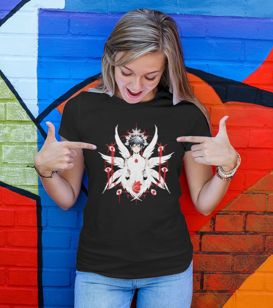 W6rst Maza Anime Angelic Figure With Wings And Red Accents T-Shirt