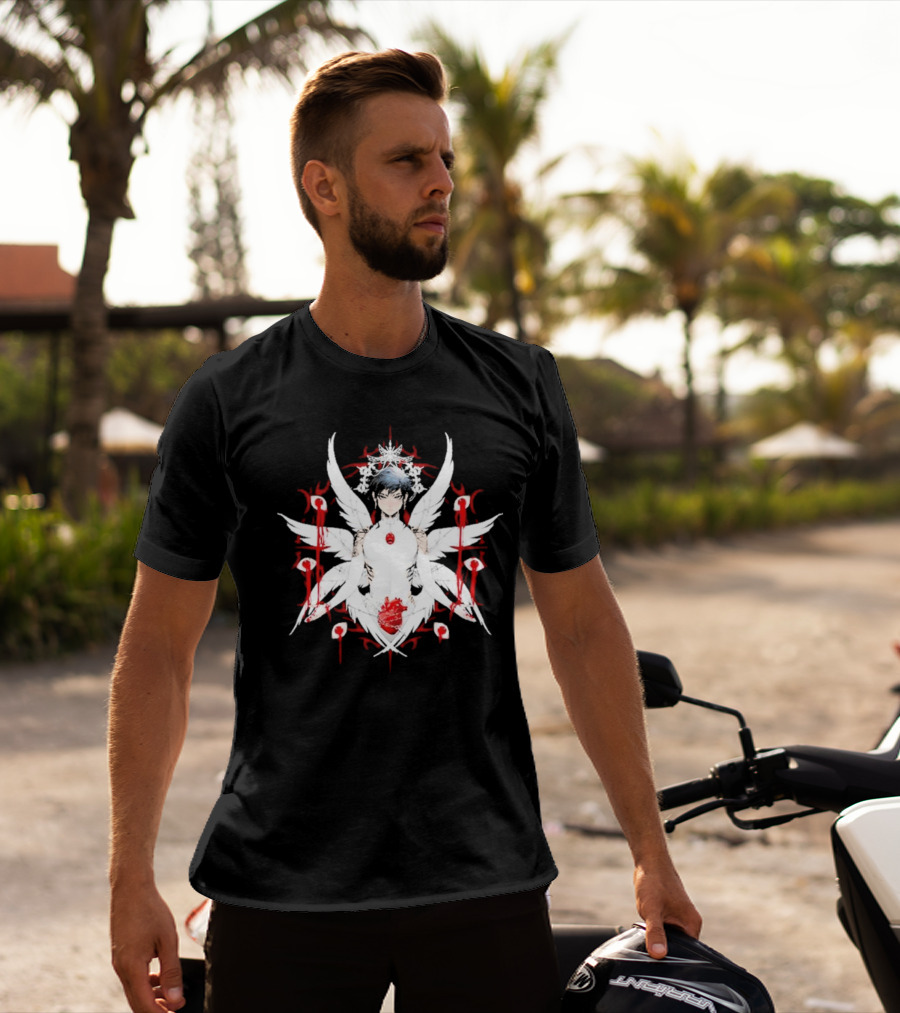 W6rst Maza Anime Angelic Figure With Wings And Red Accents T-Shirt