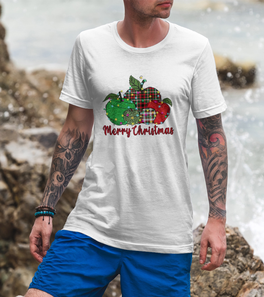 Merry Christmas Apples Plaid And Lights T-Shirt