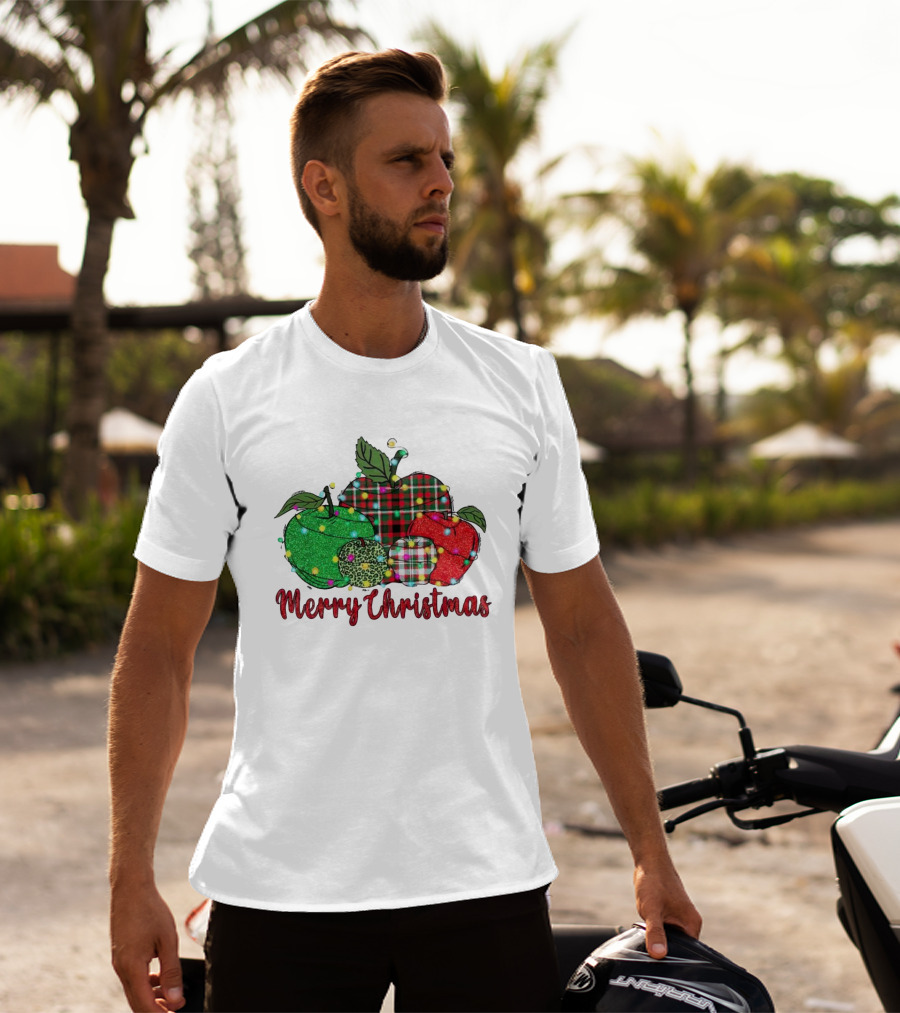 Merry Christmas Apples Plaid And Lights T-Shirt