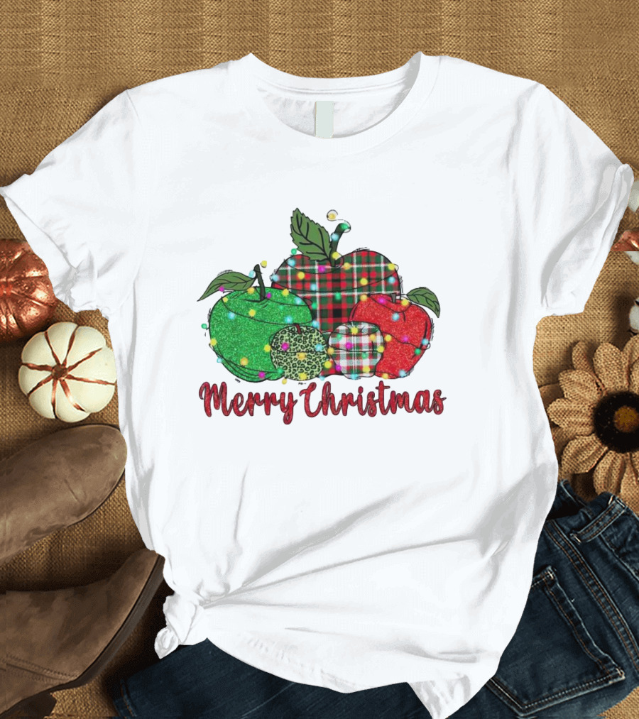 Merry Christmas Apples Plaid And Lights T-Shirt