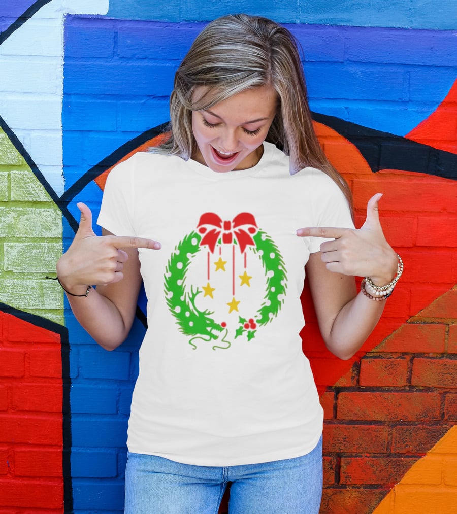 Christmas Wreath Dragon With Four Stars And Red Bow T-Shirt