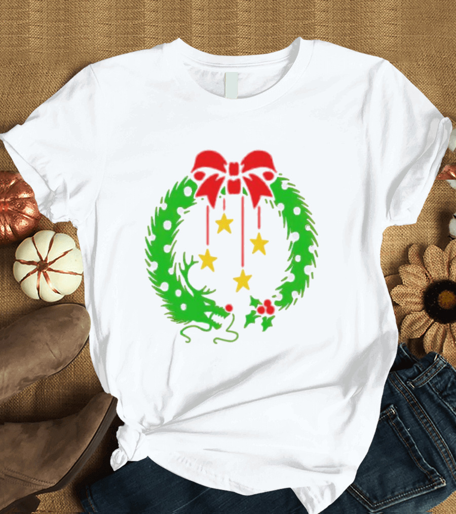 Christmas Wreath Dragon With Four Stars And Red Bow T-Shirt