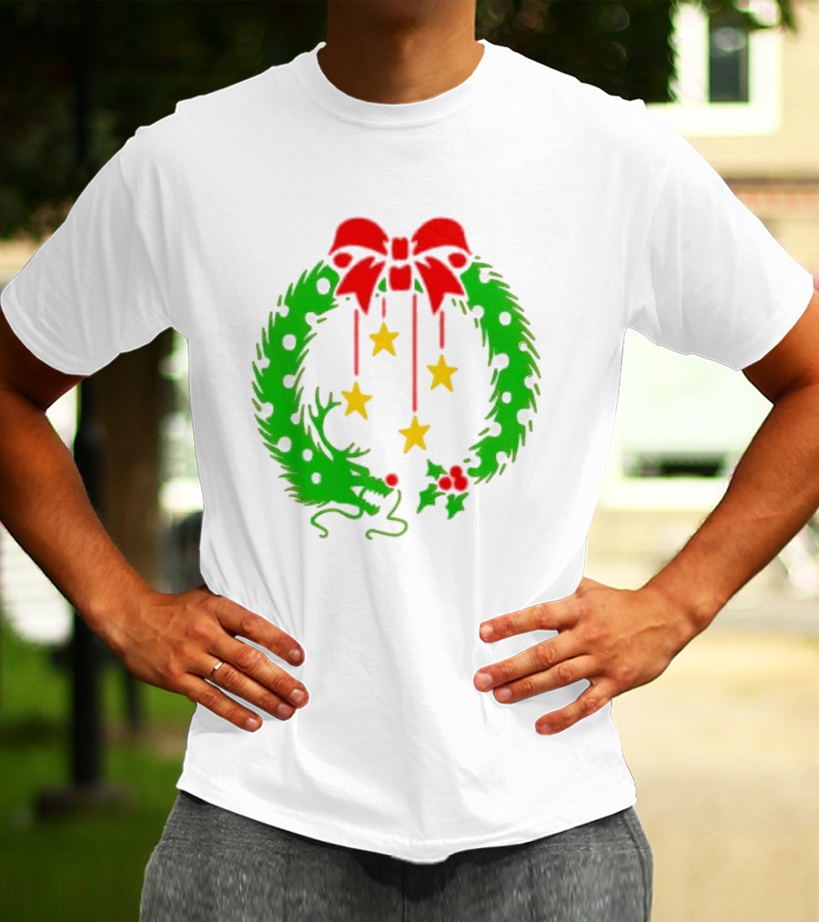 Christmas Wreath Dragon With Four Stars And Red Bow T-Shirt
