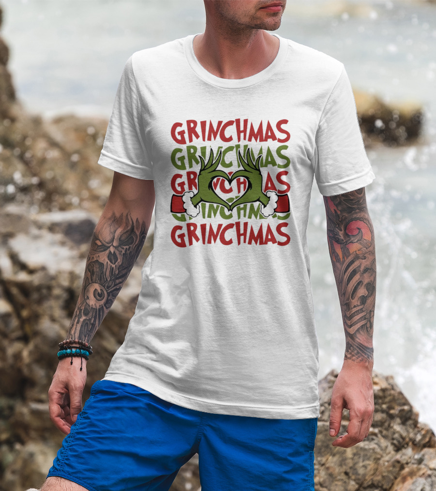 Grinch Hand Heart Love Grinchmas Repeating Text T-Shirt