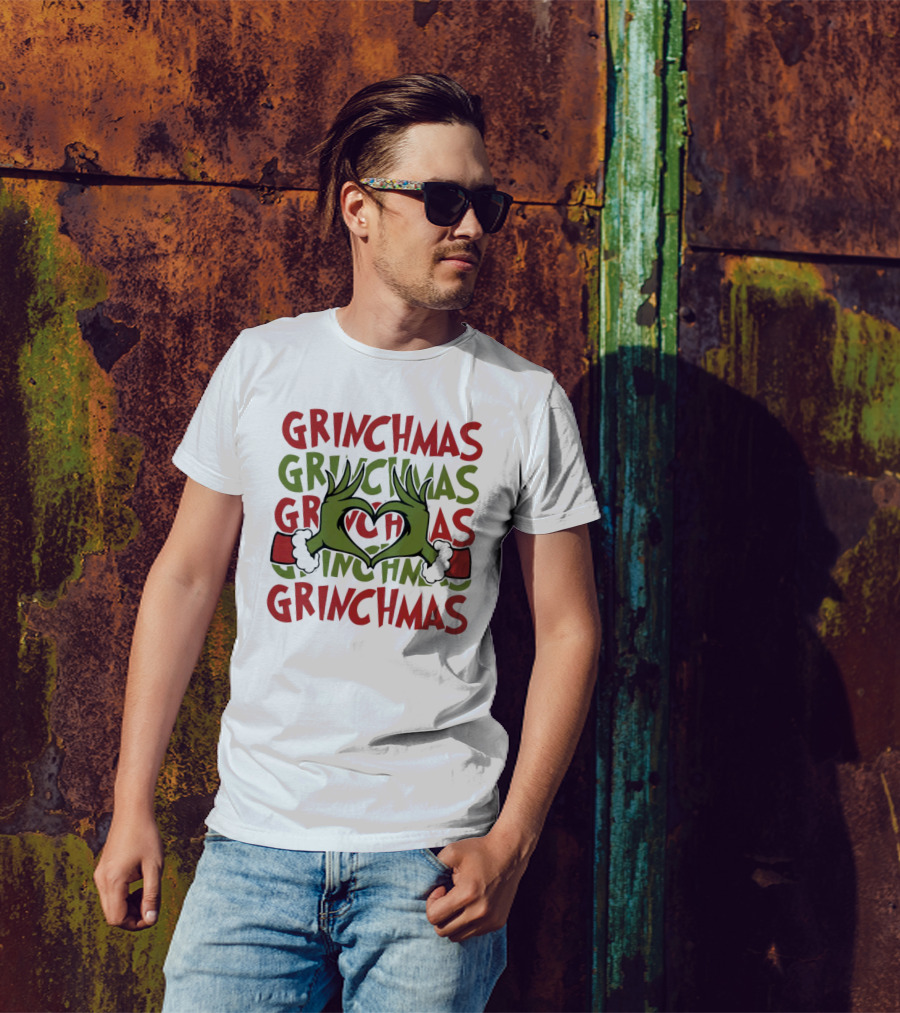 Grinch Hand Heart Love Grinchmas Repeating Text T-Shirt