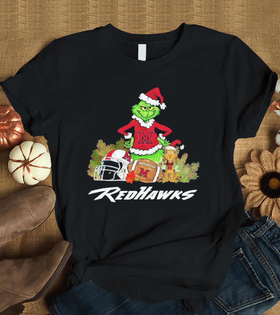 Grinch With Miami RedHawks Christmas Football Santa Hat T-Shirt