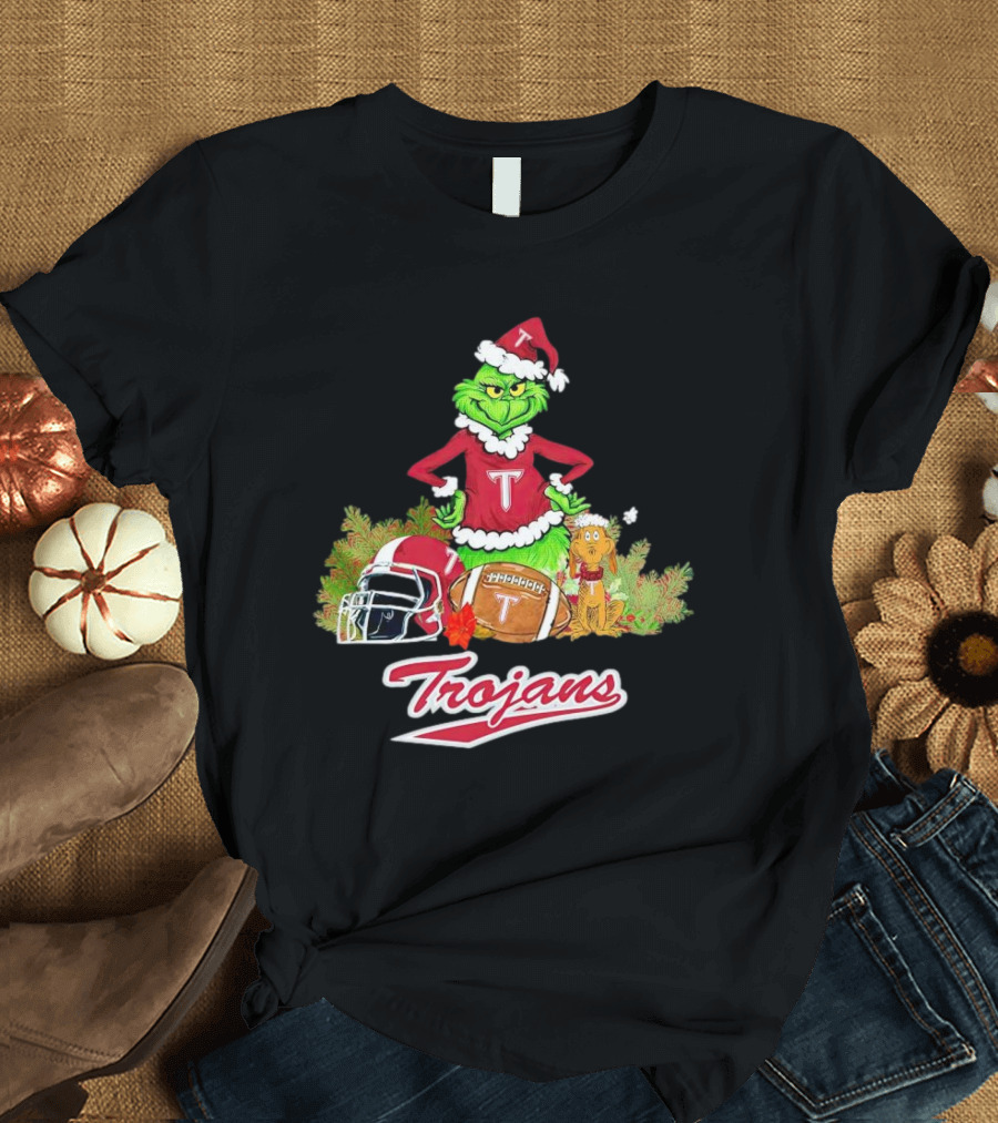 Grinch Troy Trojans Christmas Football Festive Scene T-Shirt