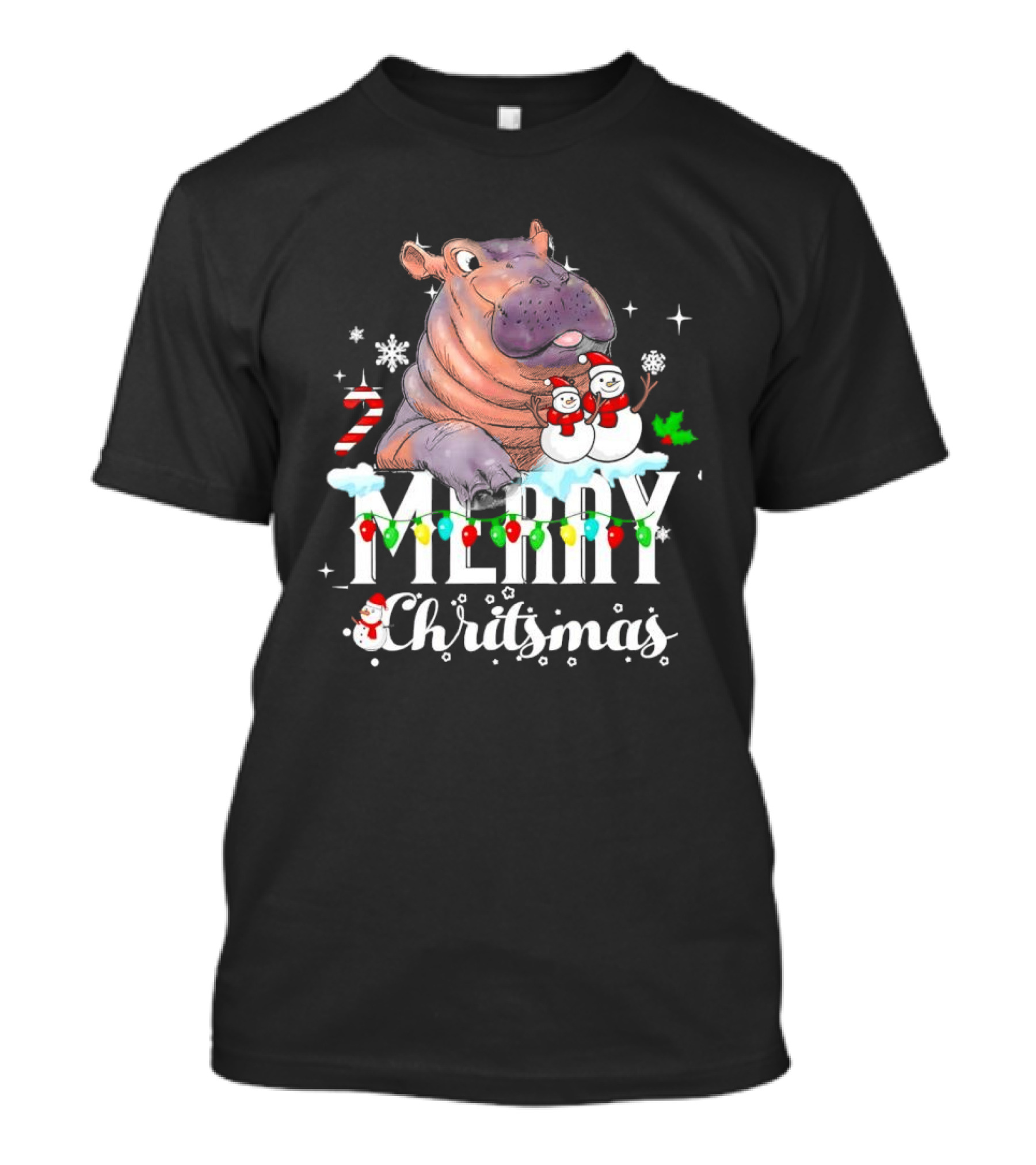 Hippo Merry Christmas Snowmen Candy Cane Lights T-Shirt