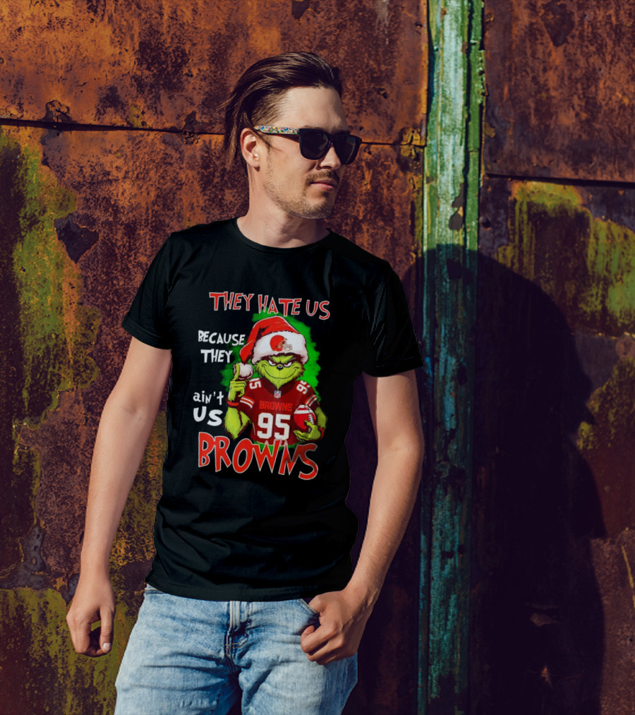 Myles Garrett Grinch They Hate Us Because They Ain't Us Browns NFL Football 95 Santa Hat T-Shirt