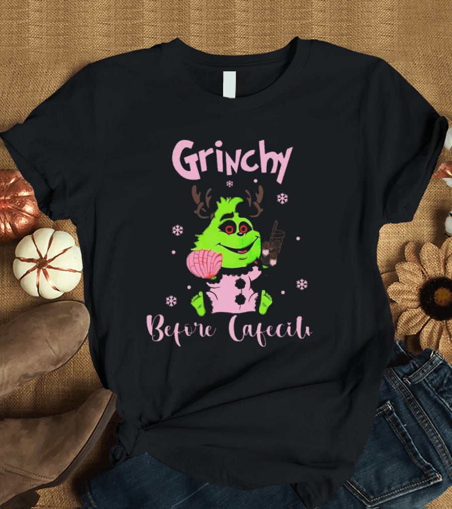 Grinchy Before Cafecito Christmas Holiday Drink Snowflakes T-Shirt