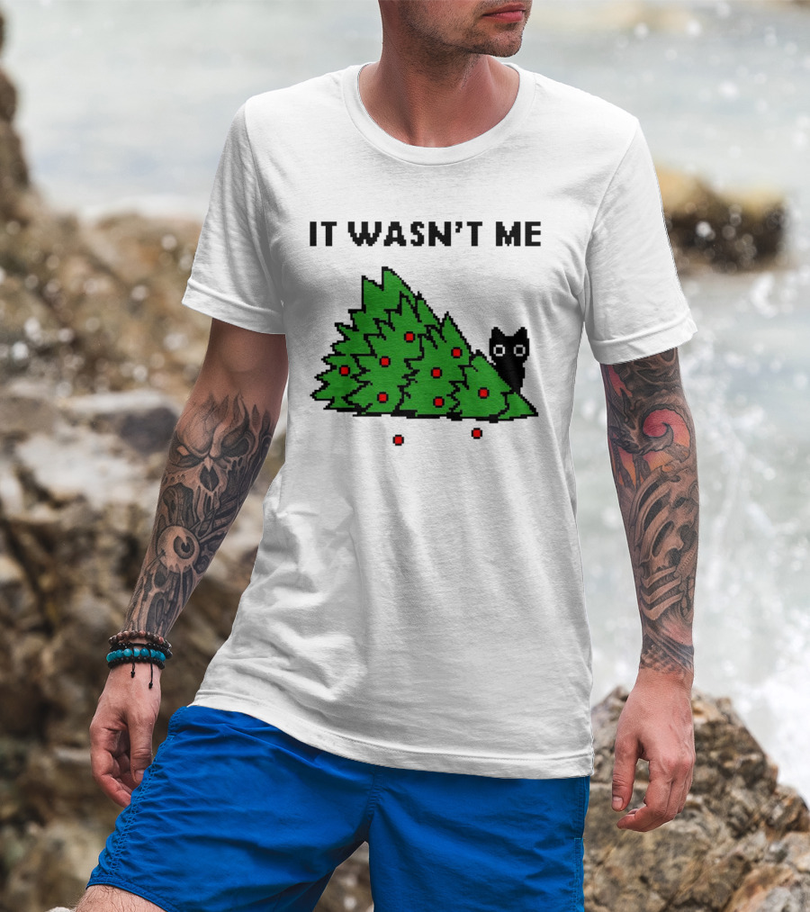 Cat Hiding Behind Christmas Tree It Wasn't Me T-Shirt