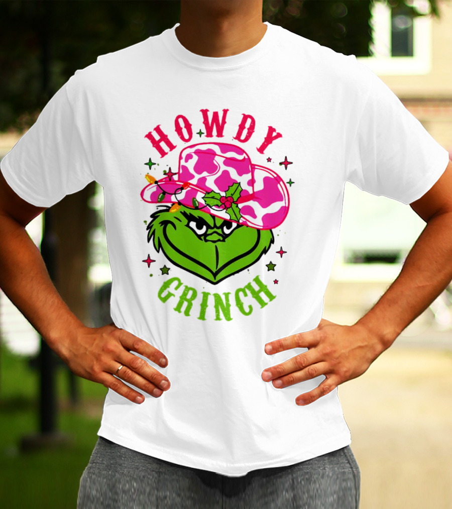 Howdy Grinch Christmas Cowboy Hat Festive Lights T-Shirt