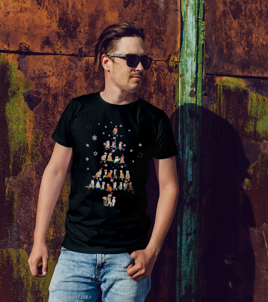 Cats With Santa Hats And Christmas Lights In Tree Shape T-Shirt