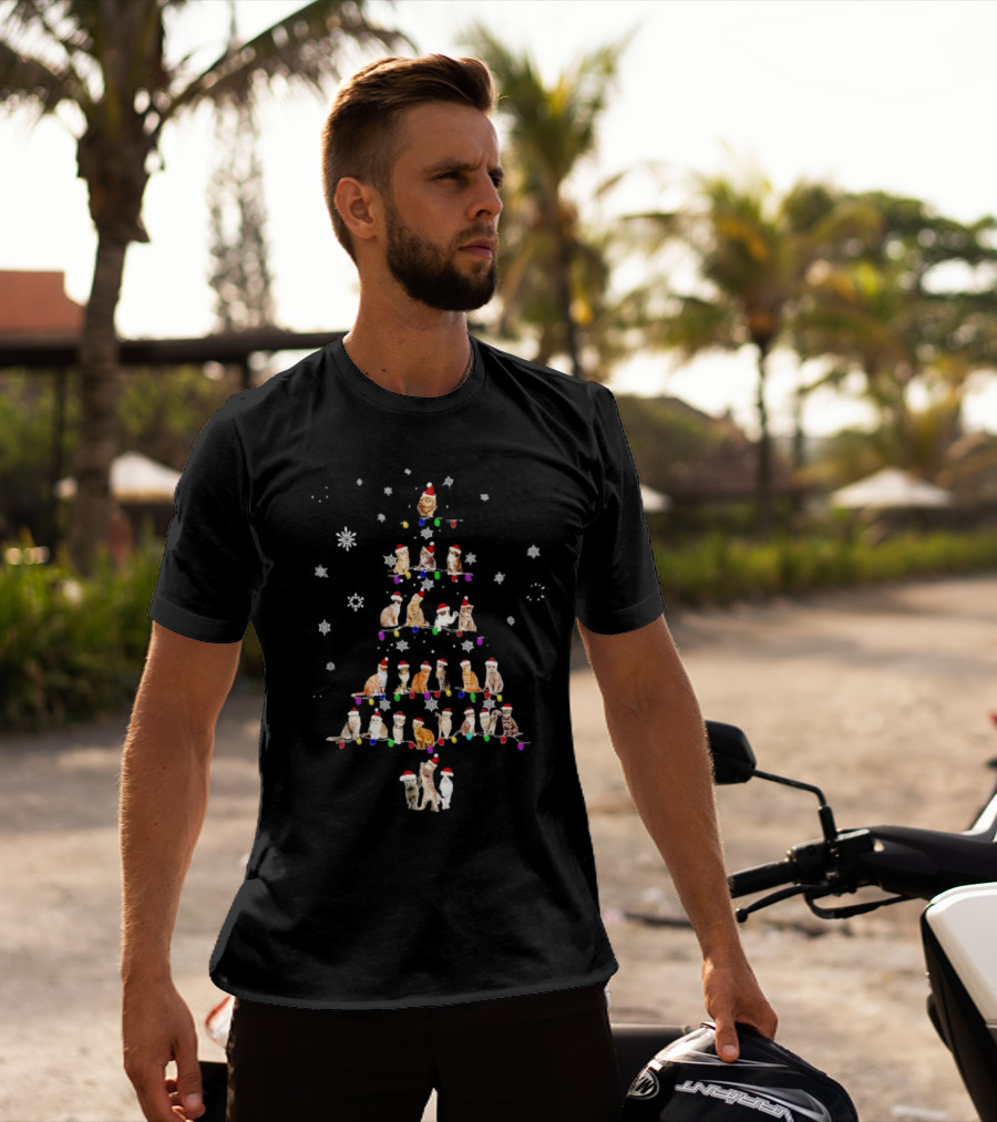 Cats With Santa Hats And Christmas Lights In Tree Shape T-Shirt