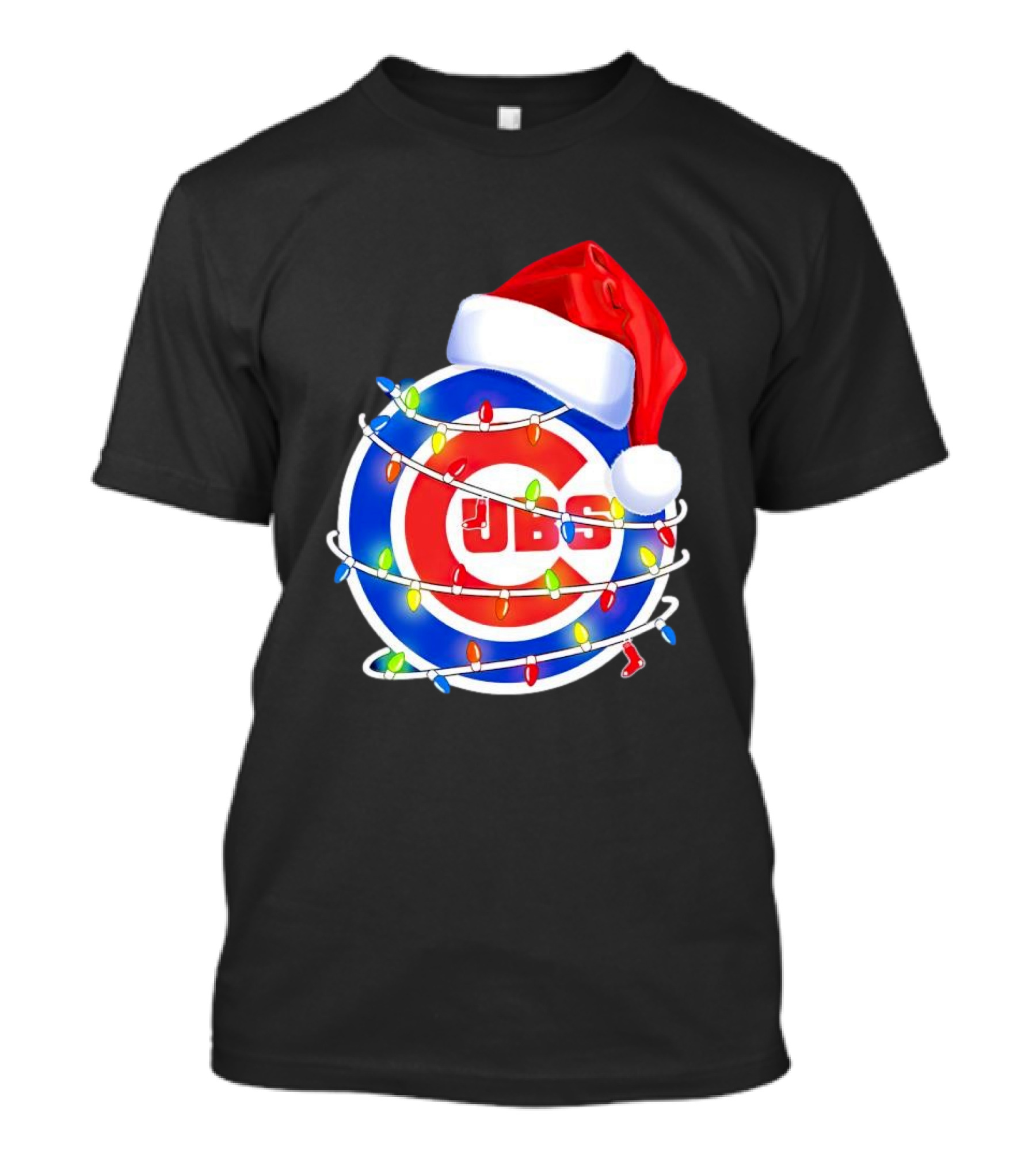 Chicago Cubs Festive Christmas Lights With Santa Hat T-Shirt