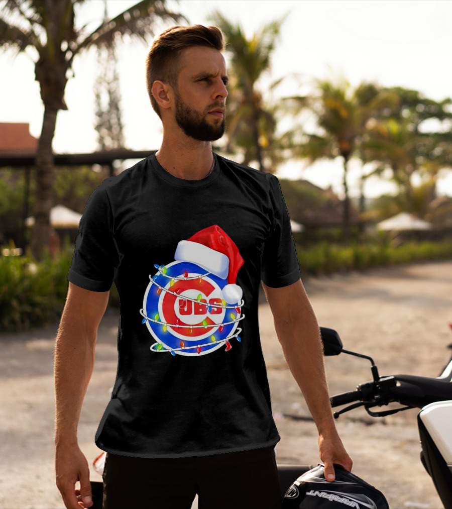 Chicago Cubs Festive Christmas Lights With Santa Hat T-Shirt