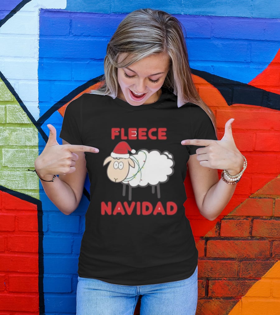 Fleece Navidad Christmas Sheep With Santa Hat And Festive Lights T-Shirt