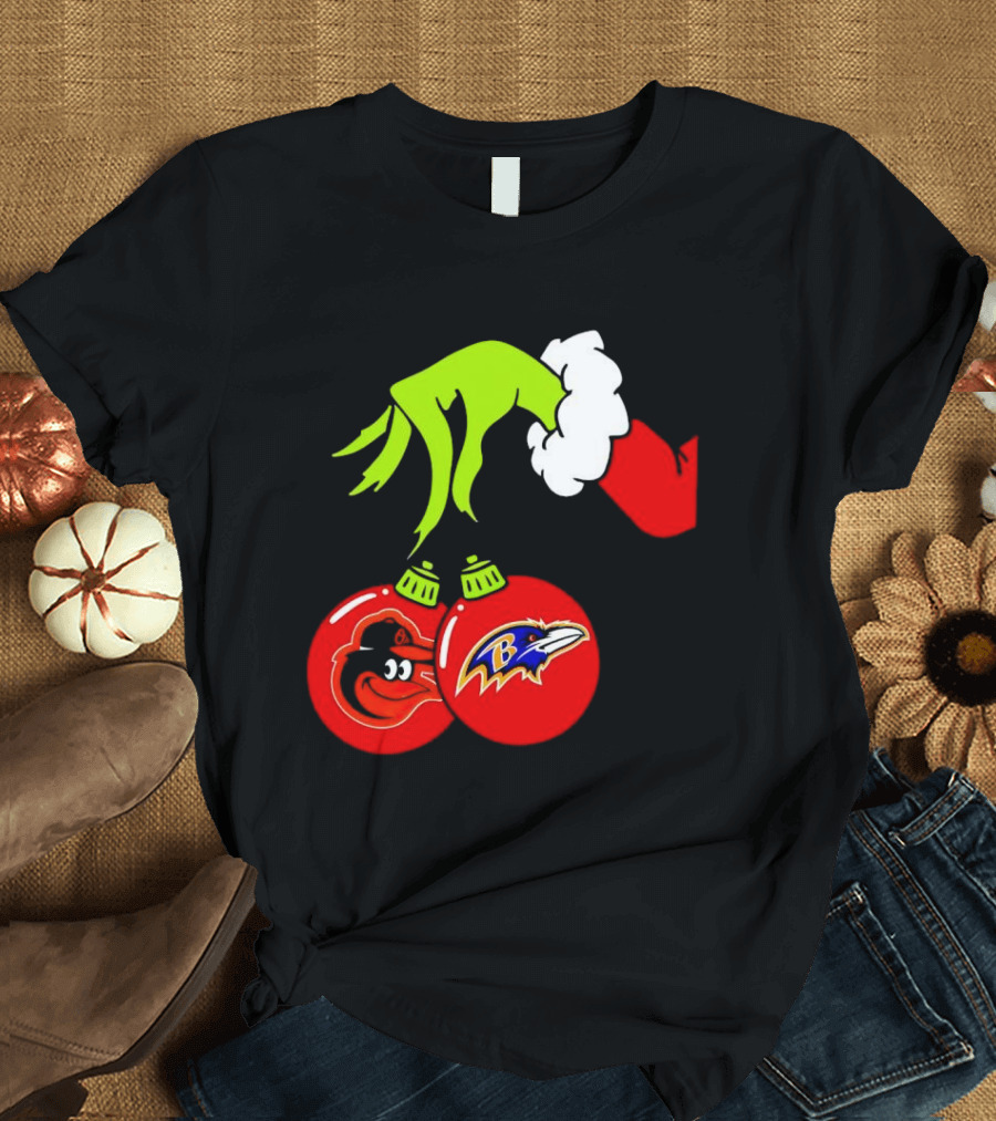 Grinch Hand Holding Baltimore Ravens And Orioles Christmas Ornaments T-Shirt