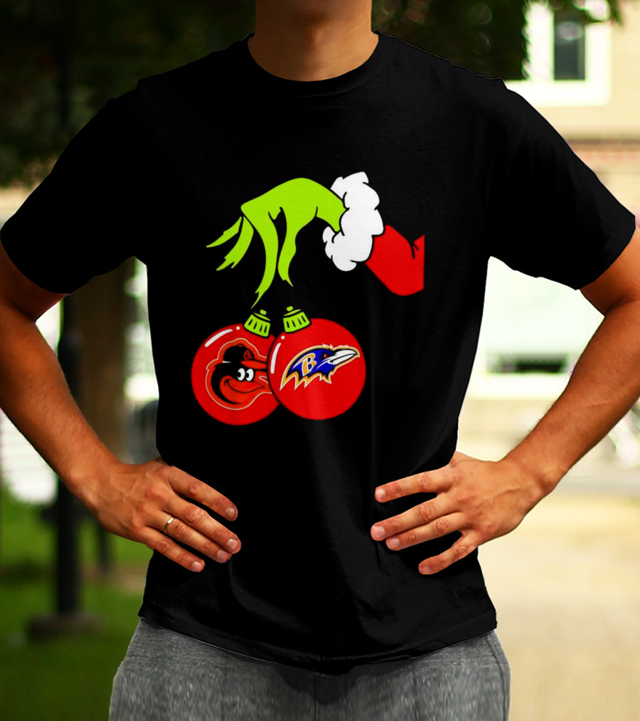 Grinch Hand Holding Baltimore Ravens And Orioles Christmas Ornaments T-Shirt