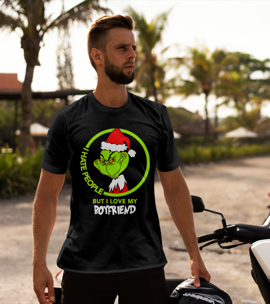 Grinch I Hate People But I Love My Boyfriend Christmas Santa Hat T-Shirt