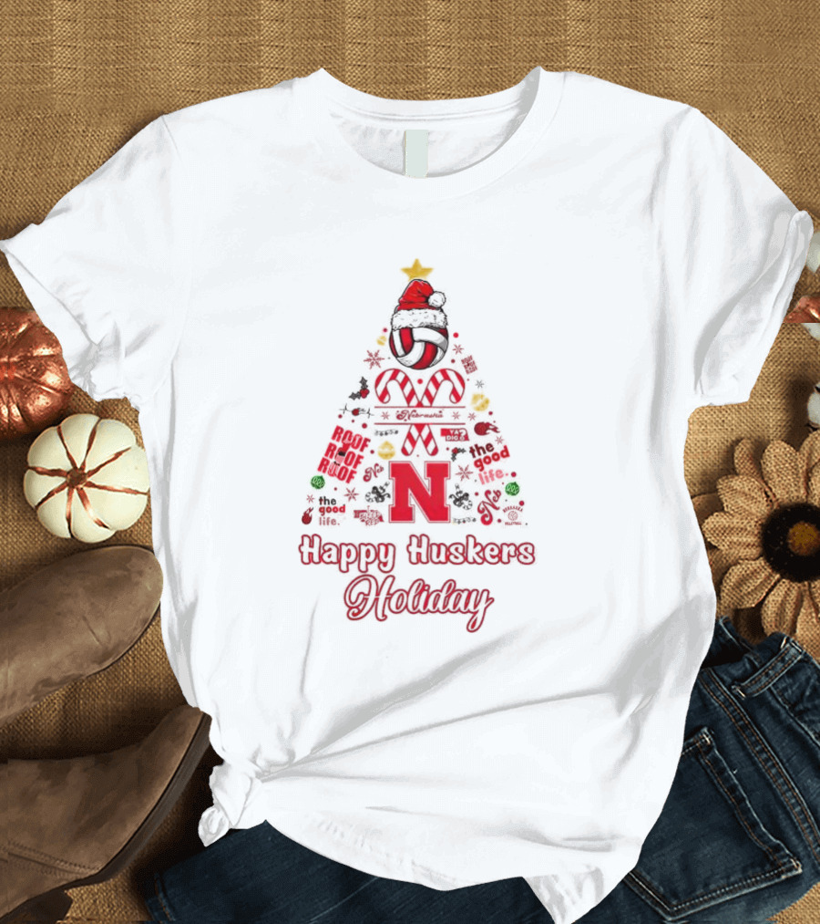 Happy Huskers Holiday Christmas Tree The Good Life T-Shirt