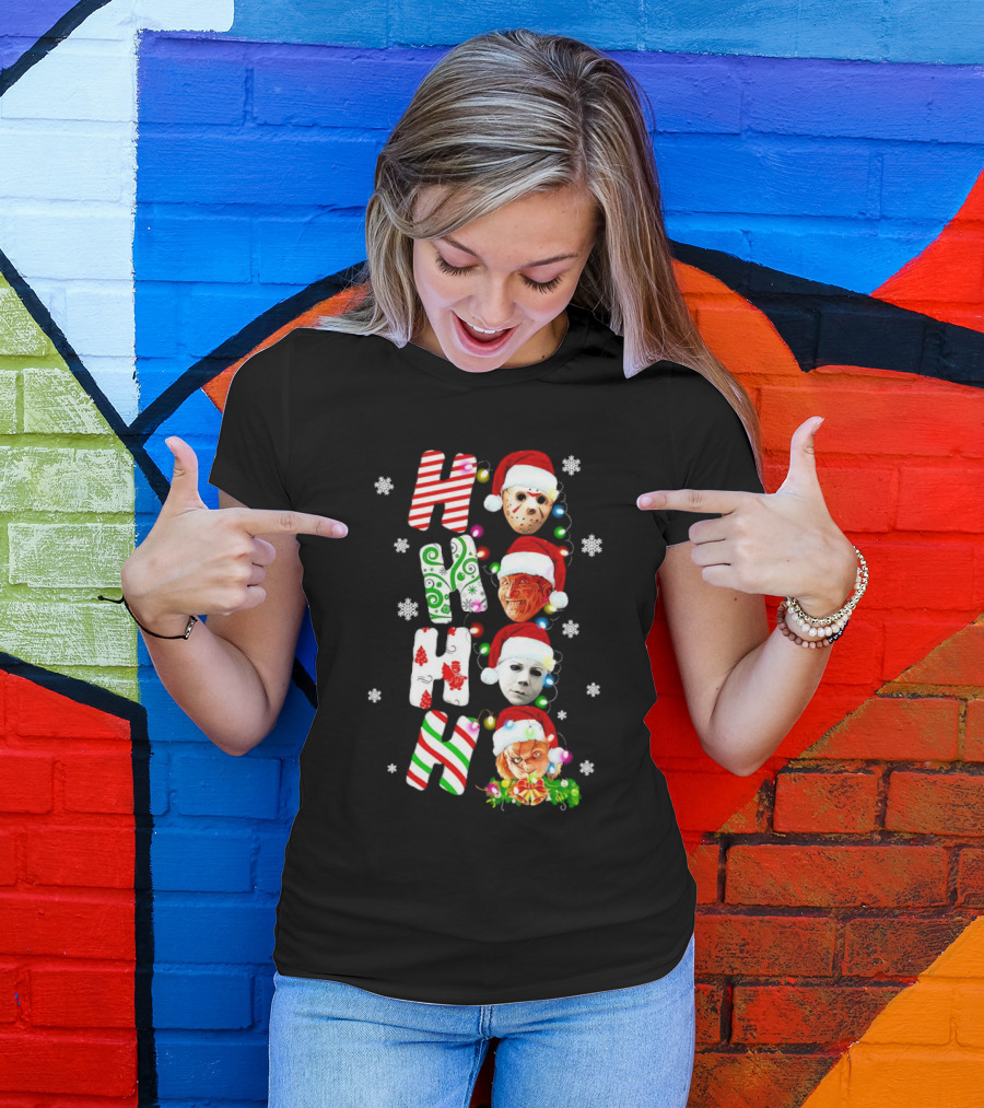 Ho Ho Ho Horror Movies Characters Christmas Snowflakes Santa Hats T-Shirt