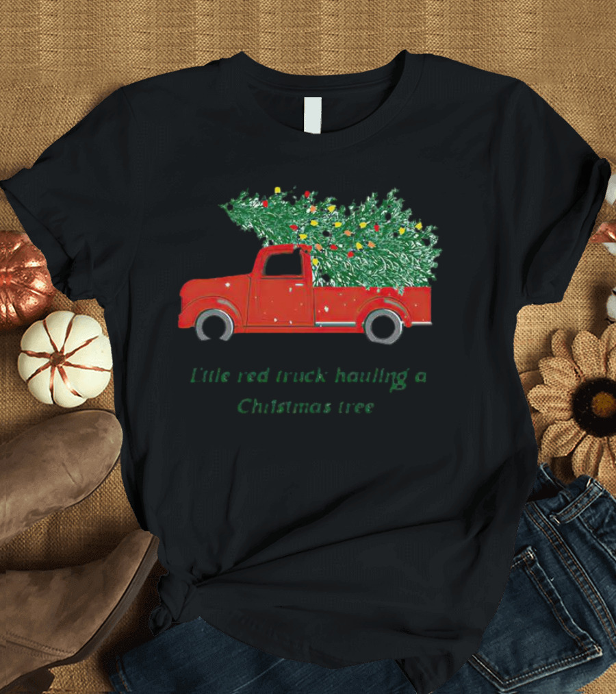 Little Red Truck Hauling Christmas Tree Festive Vintage Holiday Scene T-Shirt