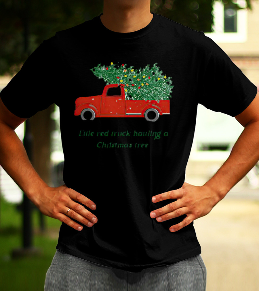 Little Red Truck Hauling Christmas Tree Festive Vintage Holiday Scene T-Shirt