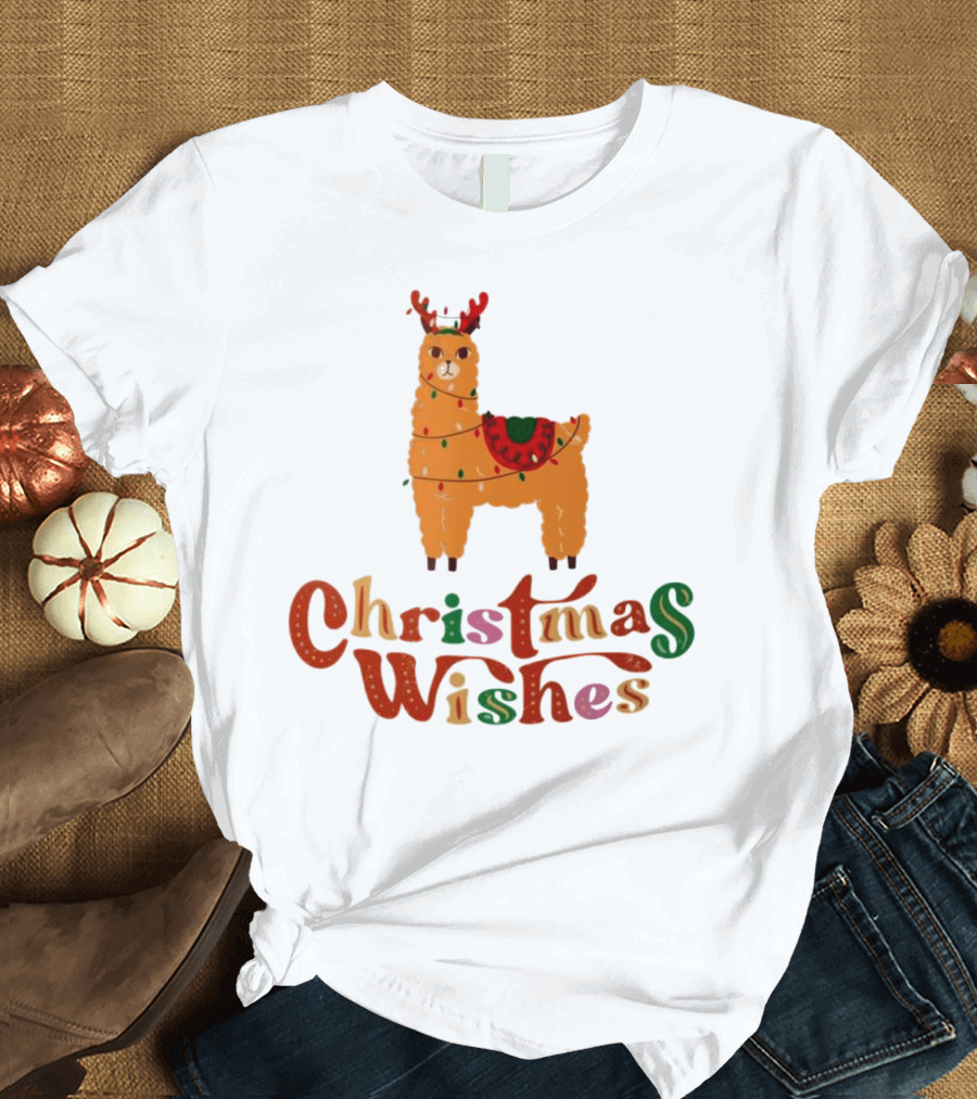 Christmas Wishes Llama Reindeer With Lights T-Shirt