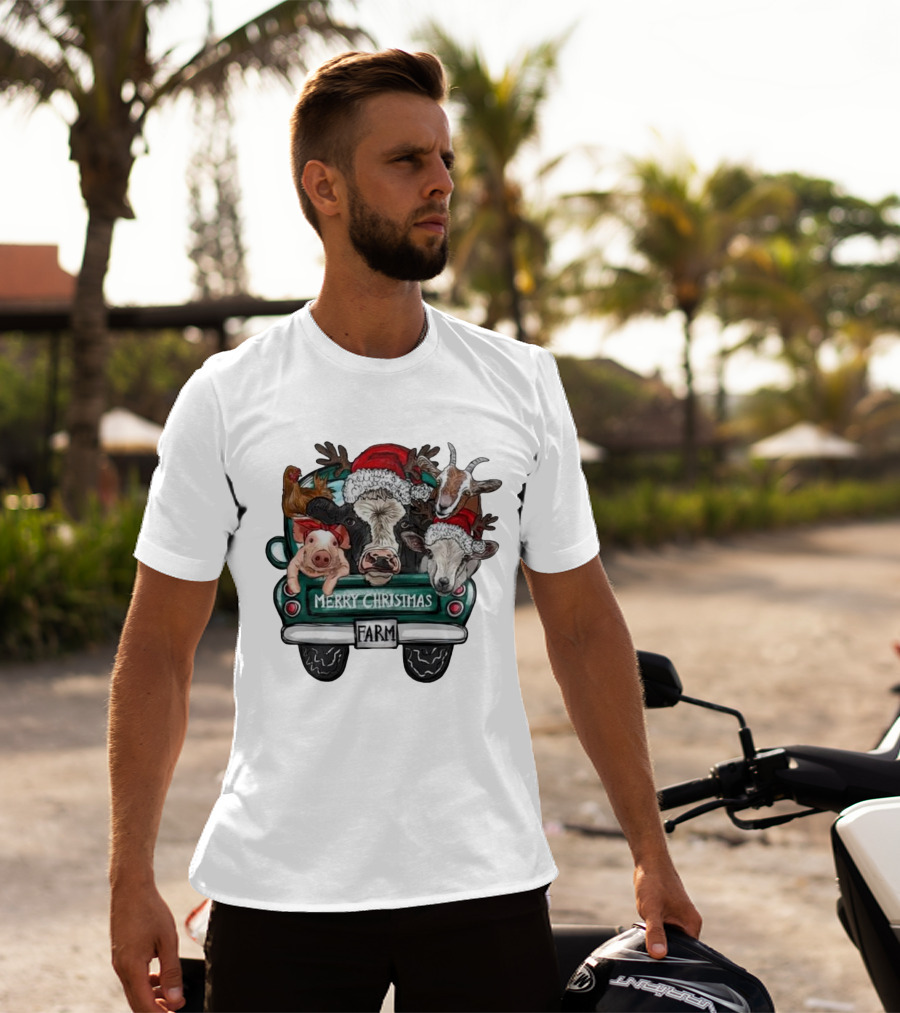 Merry Christmas Farm Animals In Holiday Truck T-Shirt