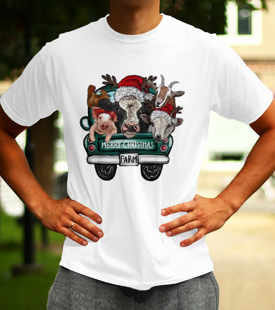 Merry Christmas Farm Animals In Holiday Truck T-Shirt