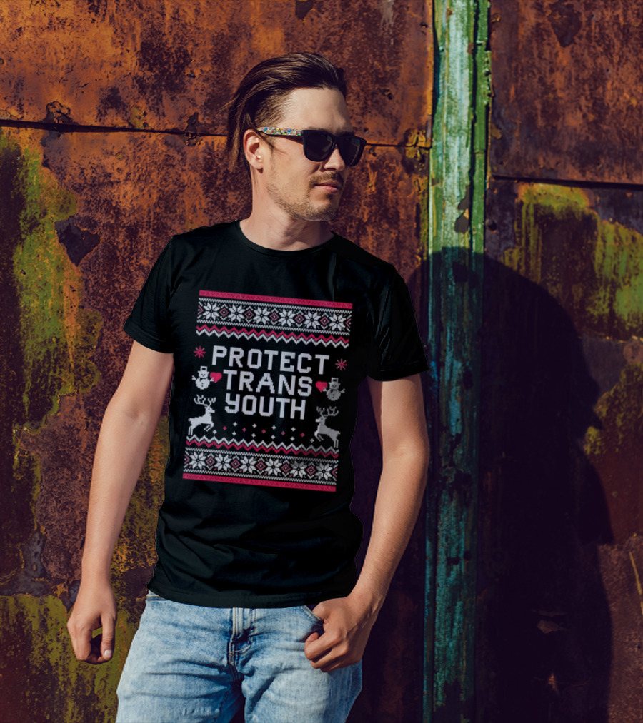 PROTECT TRANS YOUTH Snowflakes Reindeer Hearts Snowmen T-Shirt