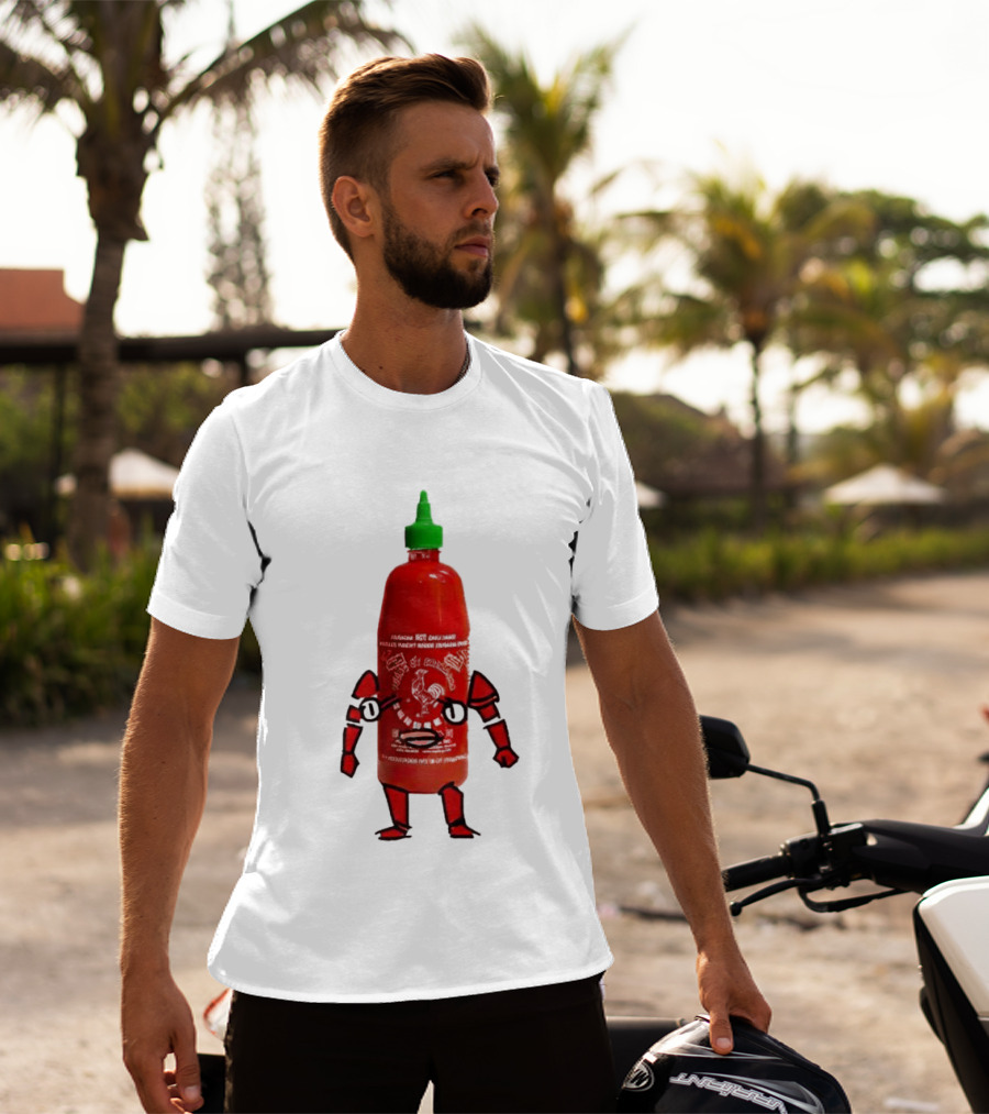 Sriracha Sauce Animated Bottle Character With Green Cap T-Shirt