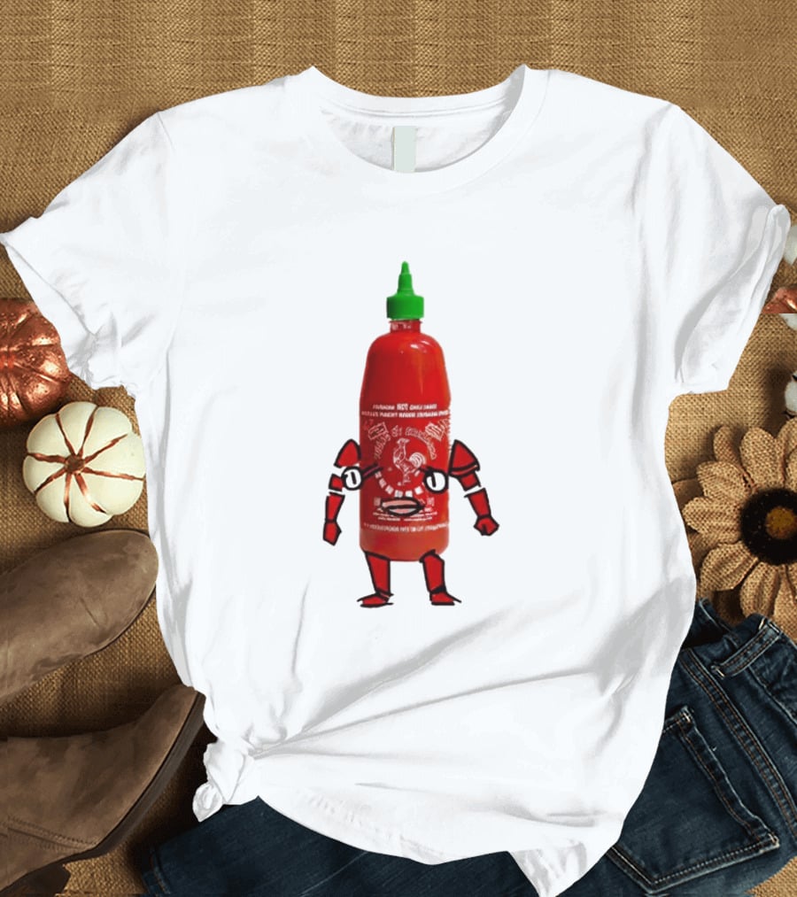 Sriracha Sauce Animated Bottle Character With Green Cap T-Shirt