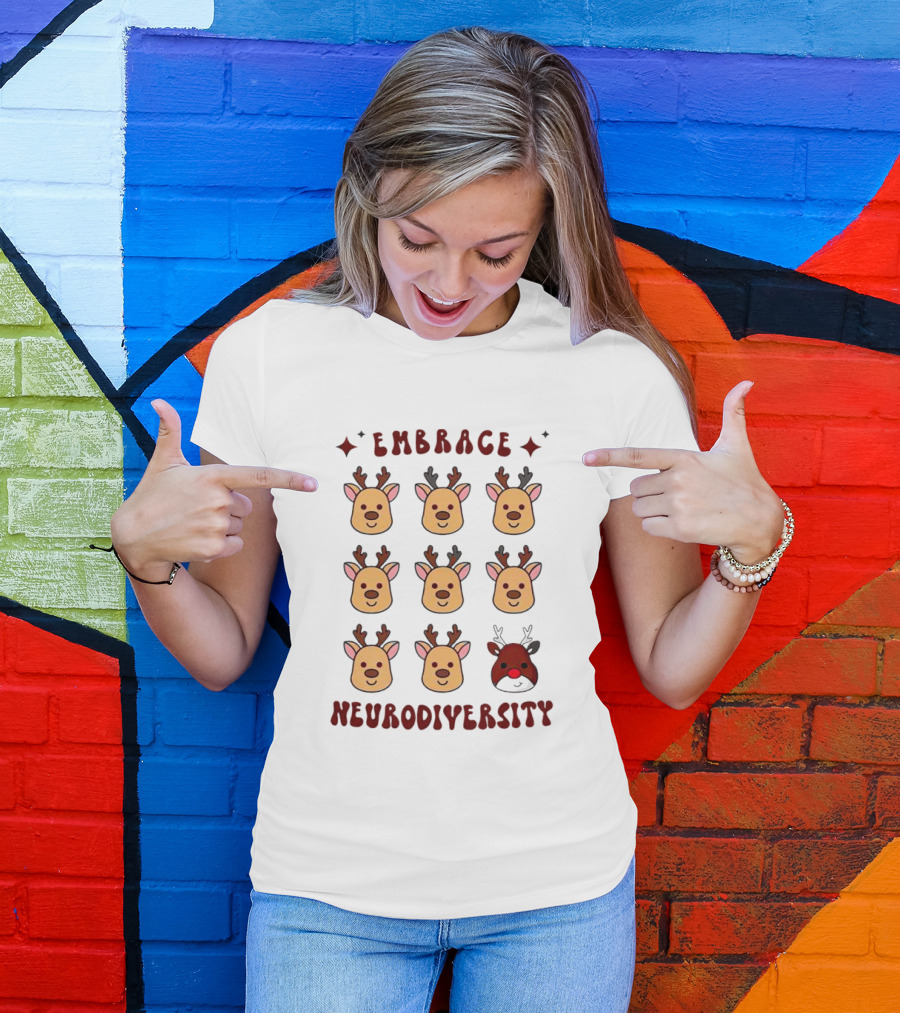 Embrace Neurodiversity Reindeer Faces Red Nose T-Shirt
